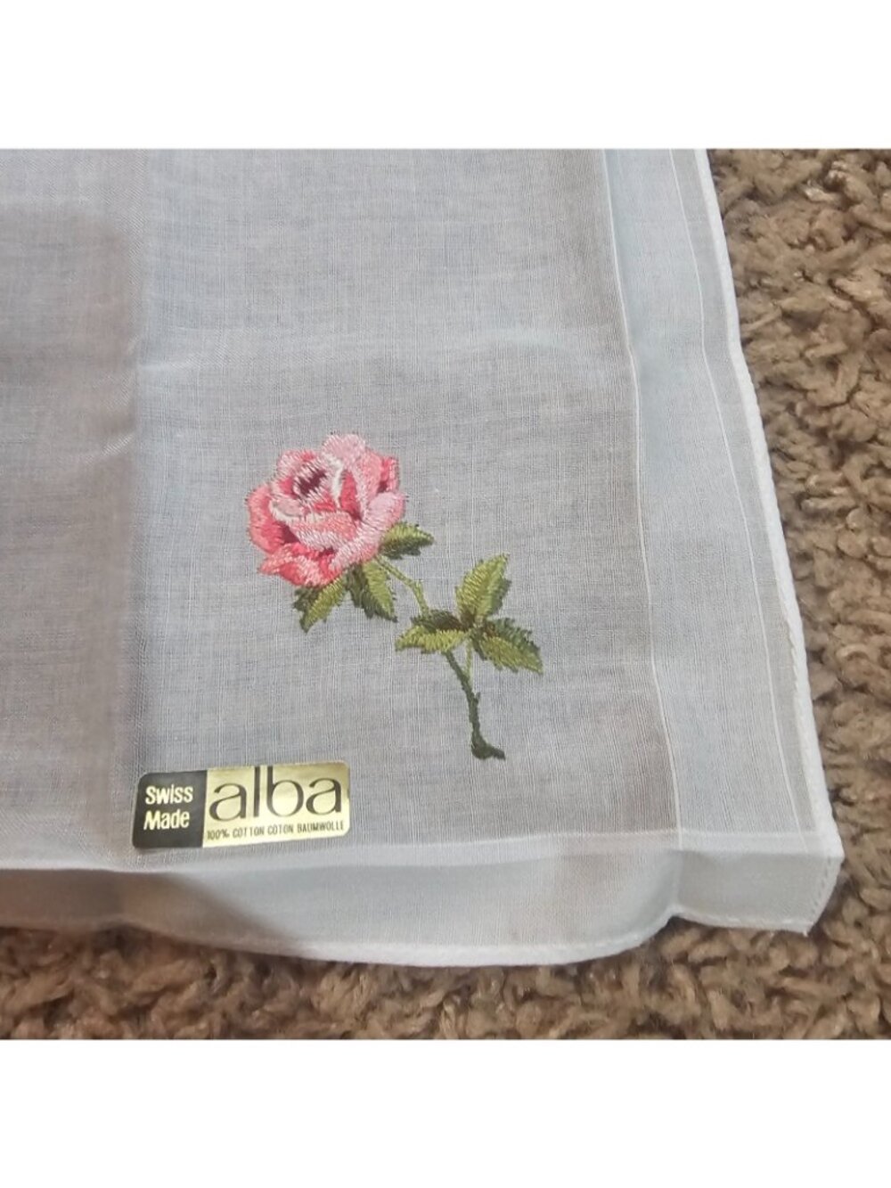Vintage Alba Swiss Handkerchief Pink Rose Embroidery 11x11 100% Cotton NWT - Picture 6 of 9